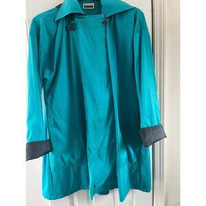 Vtg MYCRA PAC Designer Wear Raincoat Coat Hooded Turquoise & Black Teflon Fabric